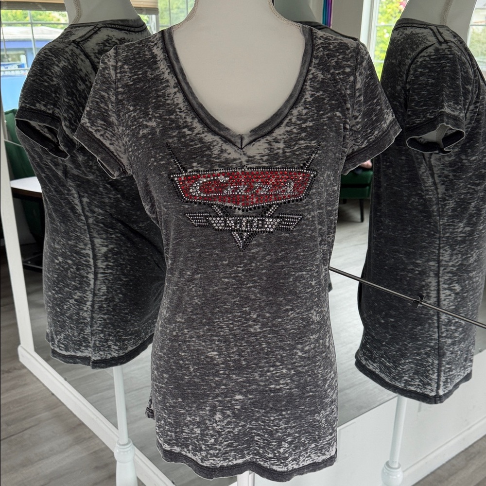 Disney Women’s Short Sleeve Vintage-Style Gray/Black V-Neck Tee with Red Logo